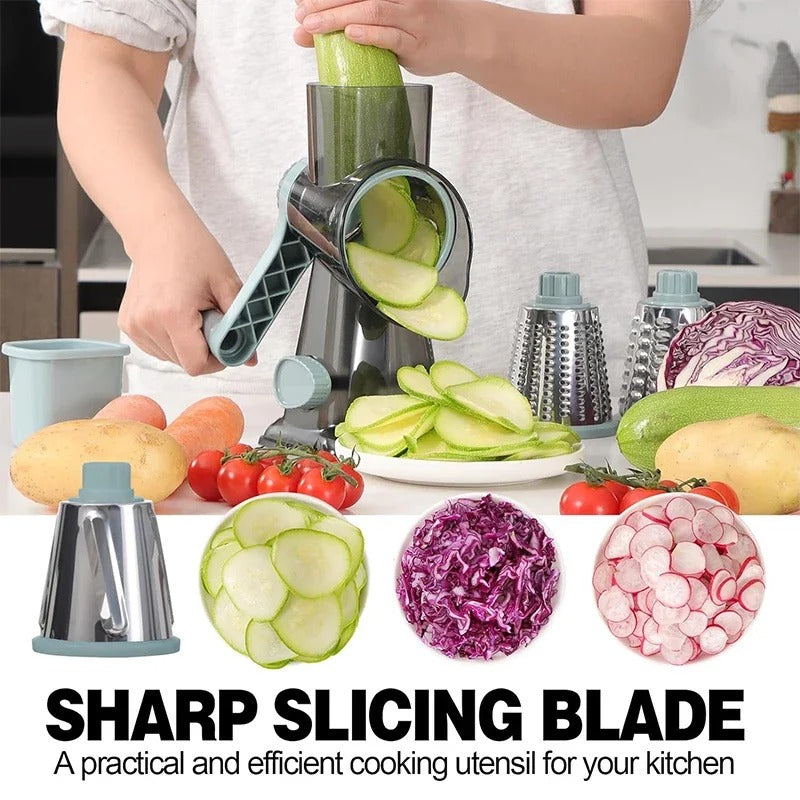 3-in-1 Manual Rotary Kitchen Slicer & Grater with Container – Cheese, Vegetables & Nut Grinder