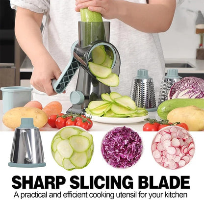 3-in-1 Manual Rotary Kitchen Slicer & Grater with Container – Cheese, Vegetables & Nut Grinder