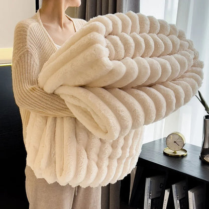 Ultra-Soft Fluffy Throw Blanket for Bed – Warm Cozy Striped Plush Blanket for Winter, Lightweight Decorative Sofa & Couch Blanket